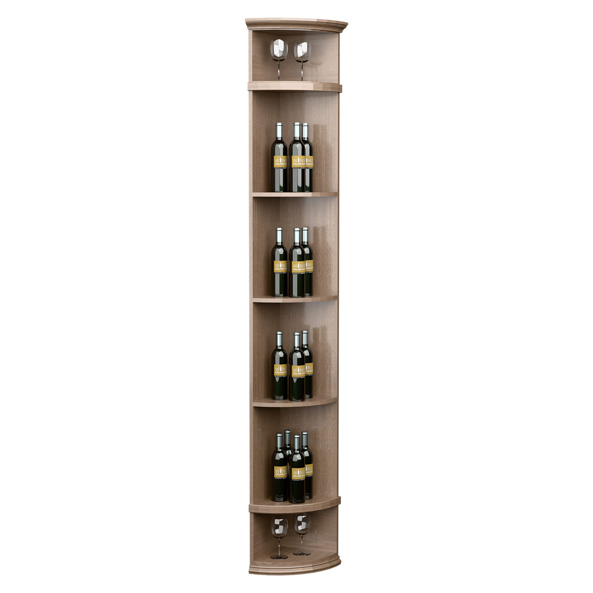 Light wood quarter-round wine shelf with round base, 4 bottle tiers and glass holders