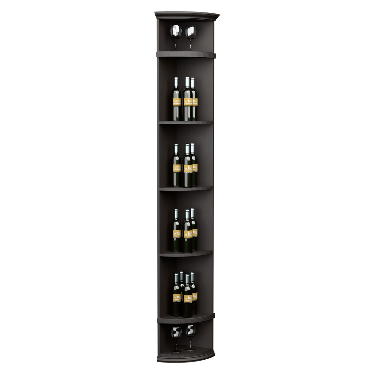 Dark quarter-round wine shelf with round base, 4 bottle tiers and glass holders