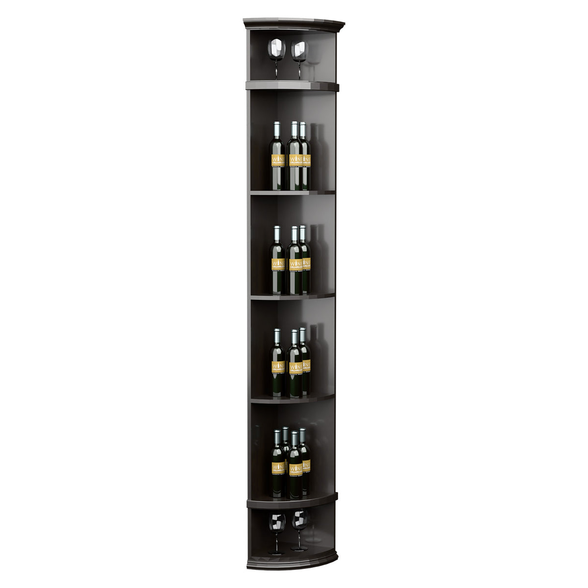 Dark quarter-round wine shelf with round base, 4 bottle tiers and glass holders