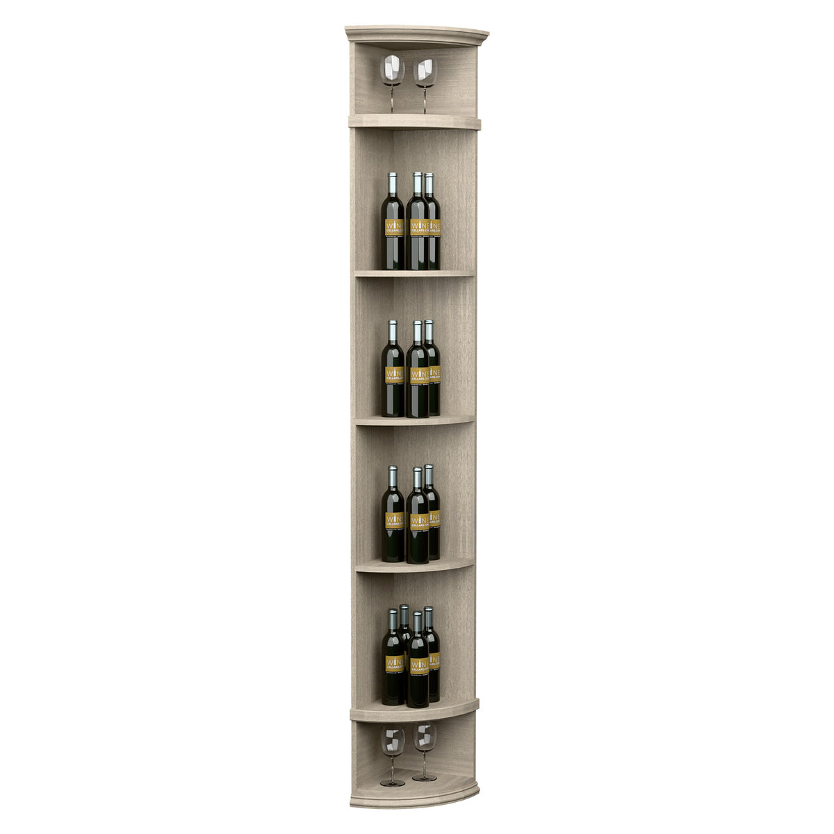 Quarter-round wine shelf with round base, light grey wood, holds wine bottles