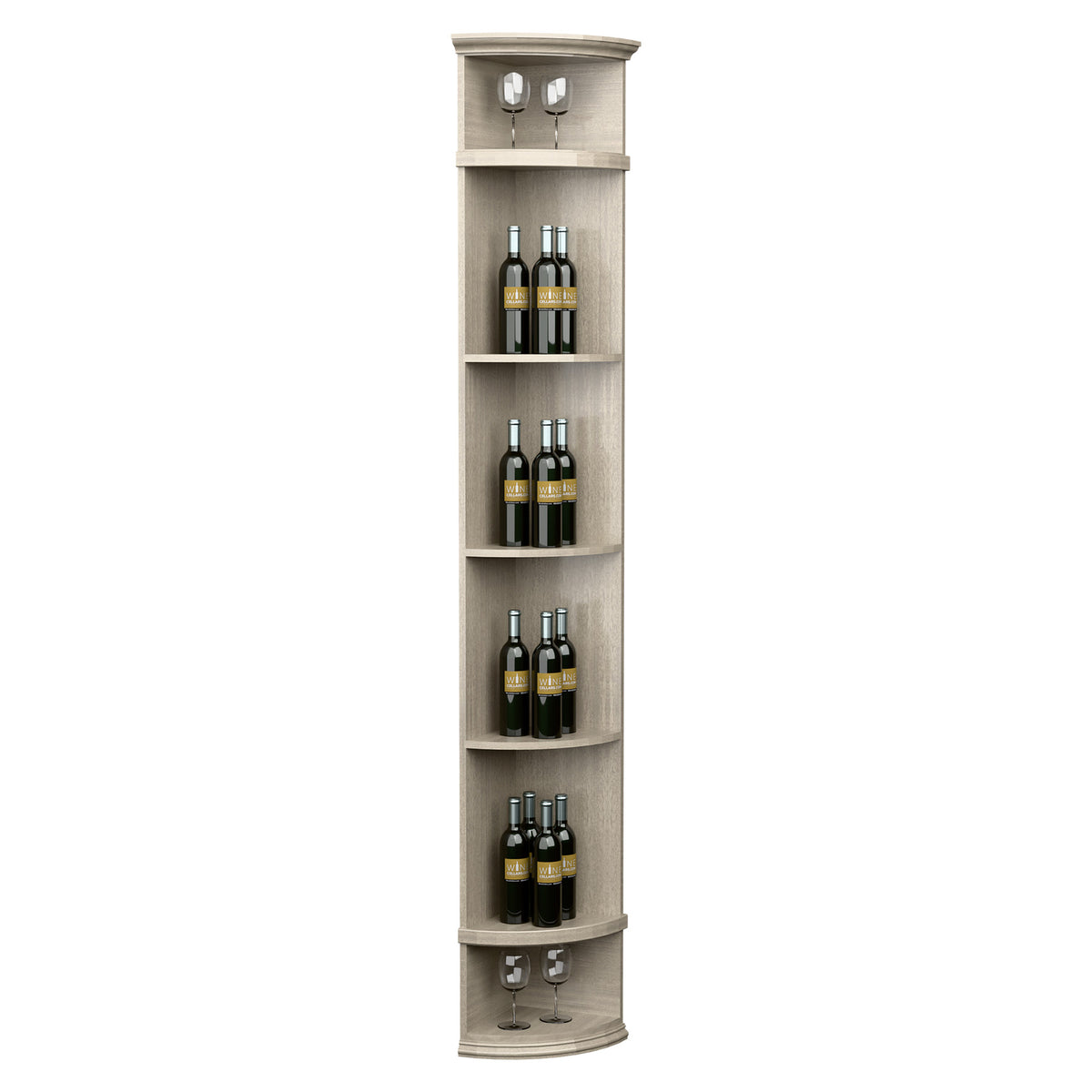 Quarter-round wine shelf with round base, pale grey wood, display wine bottles