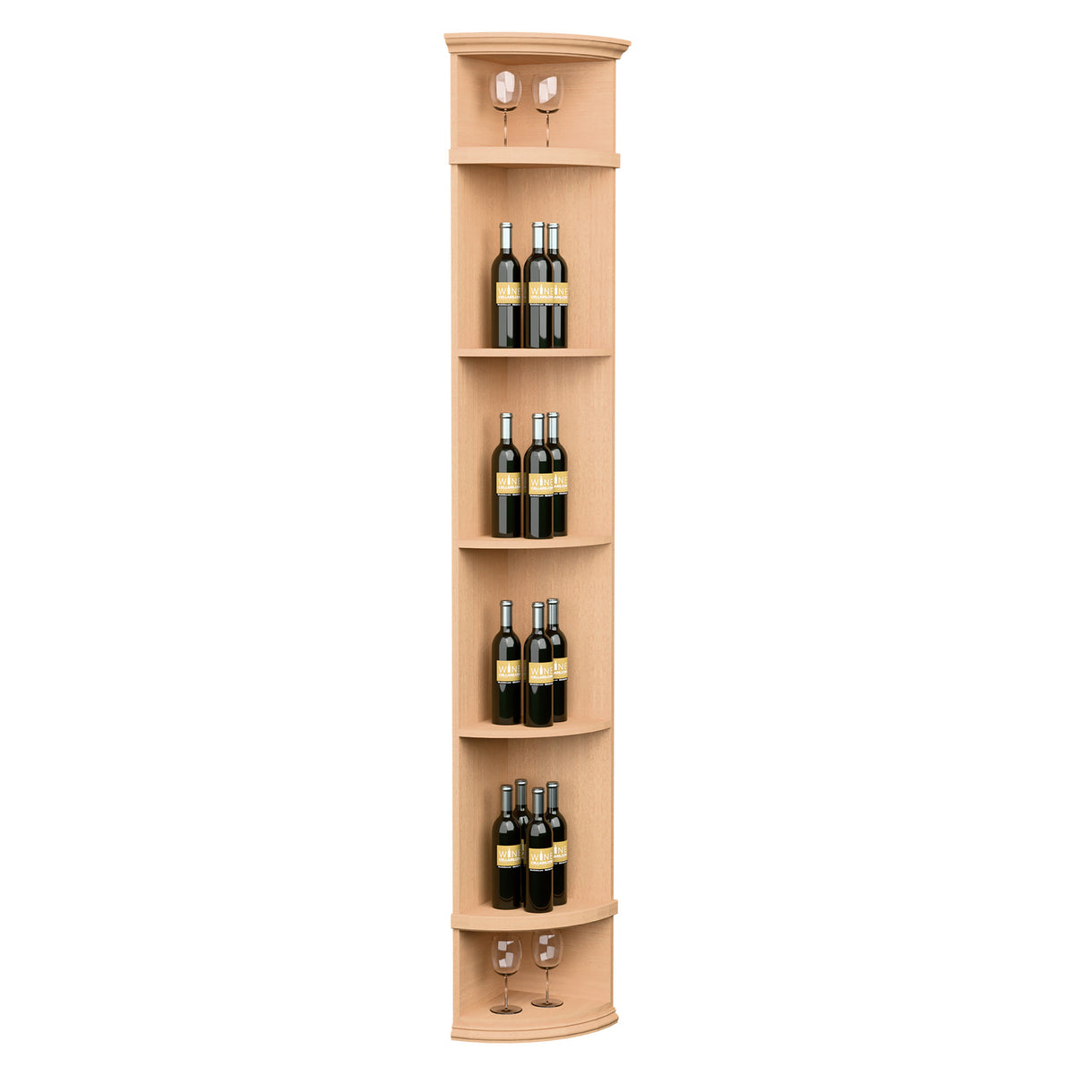 Quarter-round wine shelf with round base, honey wood finish, holds wine bottles