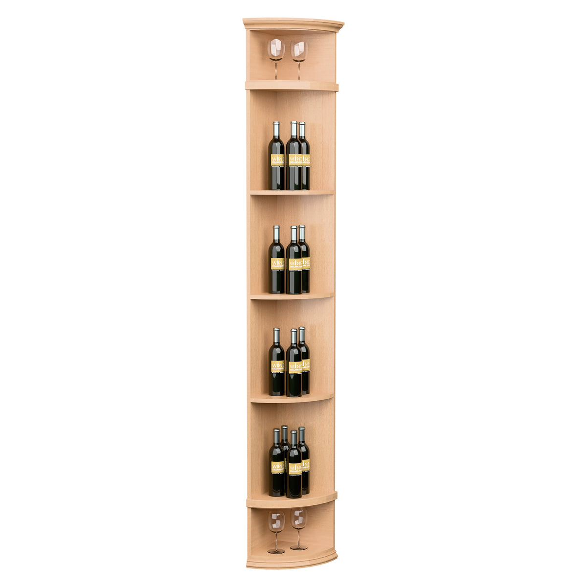 Quarter-round wine shelf with round base, light tan wood, displays wine bottles