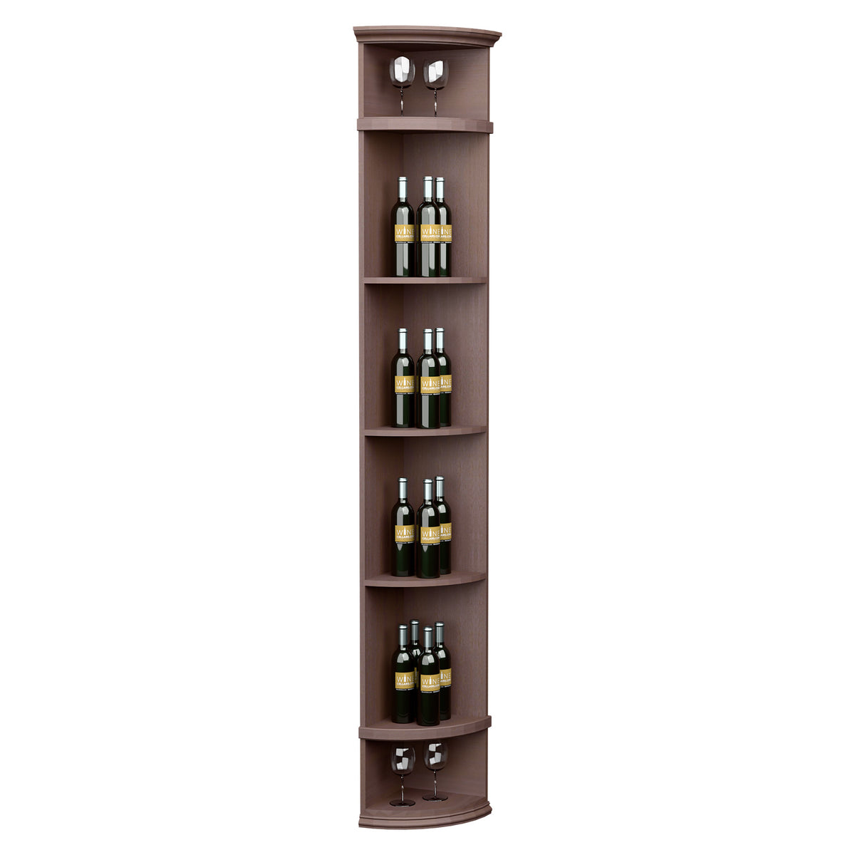 Quarter-round wine shelf with round base, dark brown wood, holds wine bottles