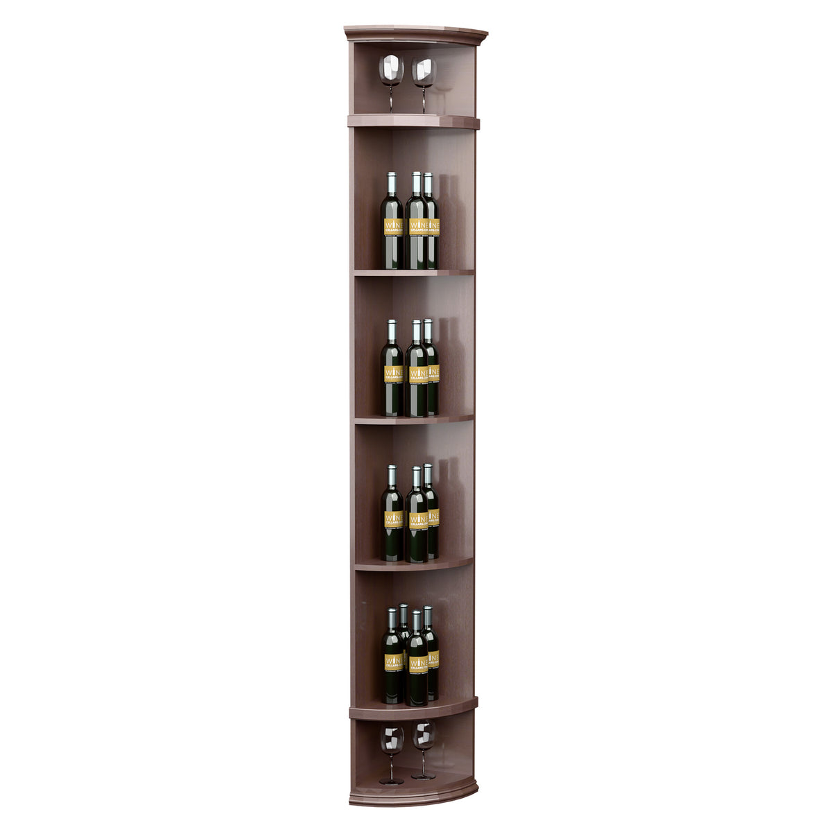 Quarter-round wine shelf with round base, medium dark wood, display wine bottles