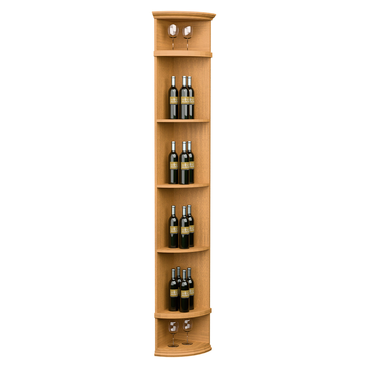 Quarter-round wine shelf with round base, warm light wood, holds wine bottles