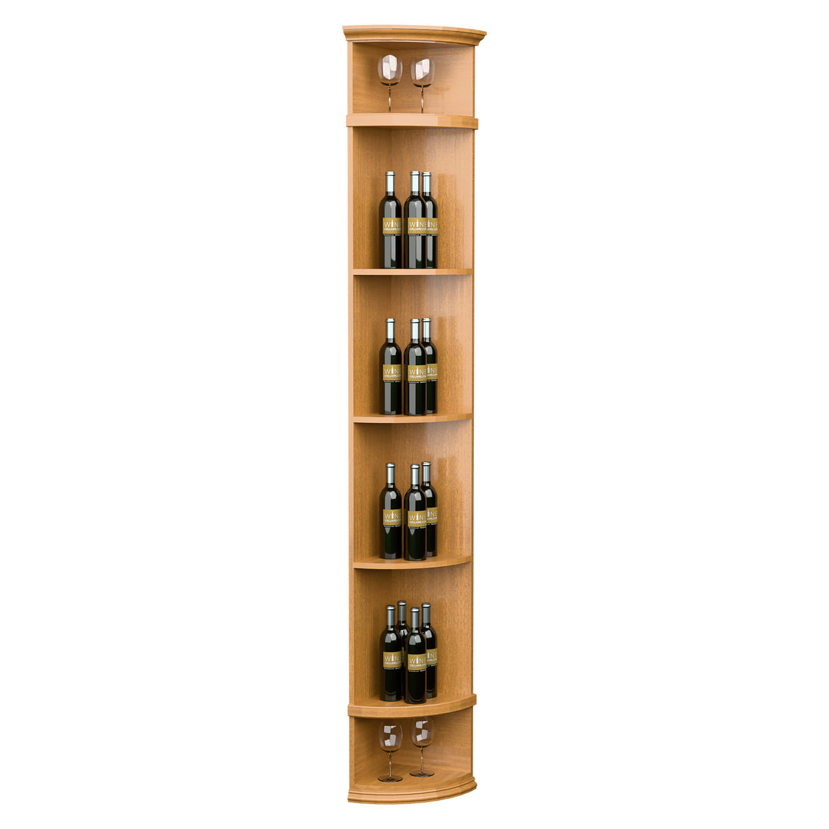 Quarter-round wine shelf with round base, light wood tone, holds wine bottles
