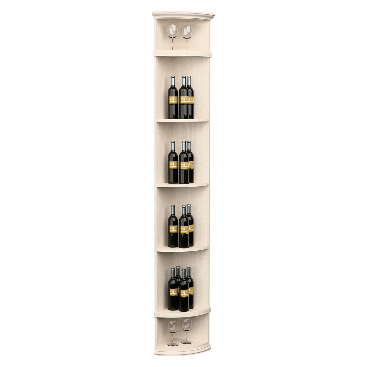 Quarter-round wine shelf with round base, whitewashed wood, holds wine bottles