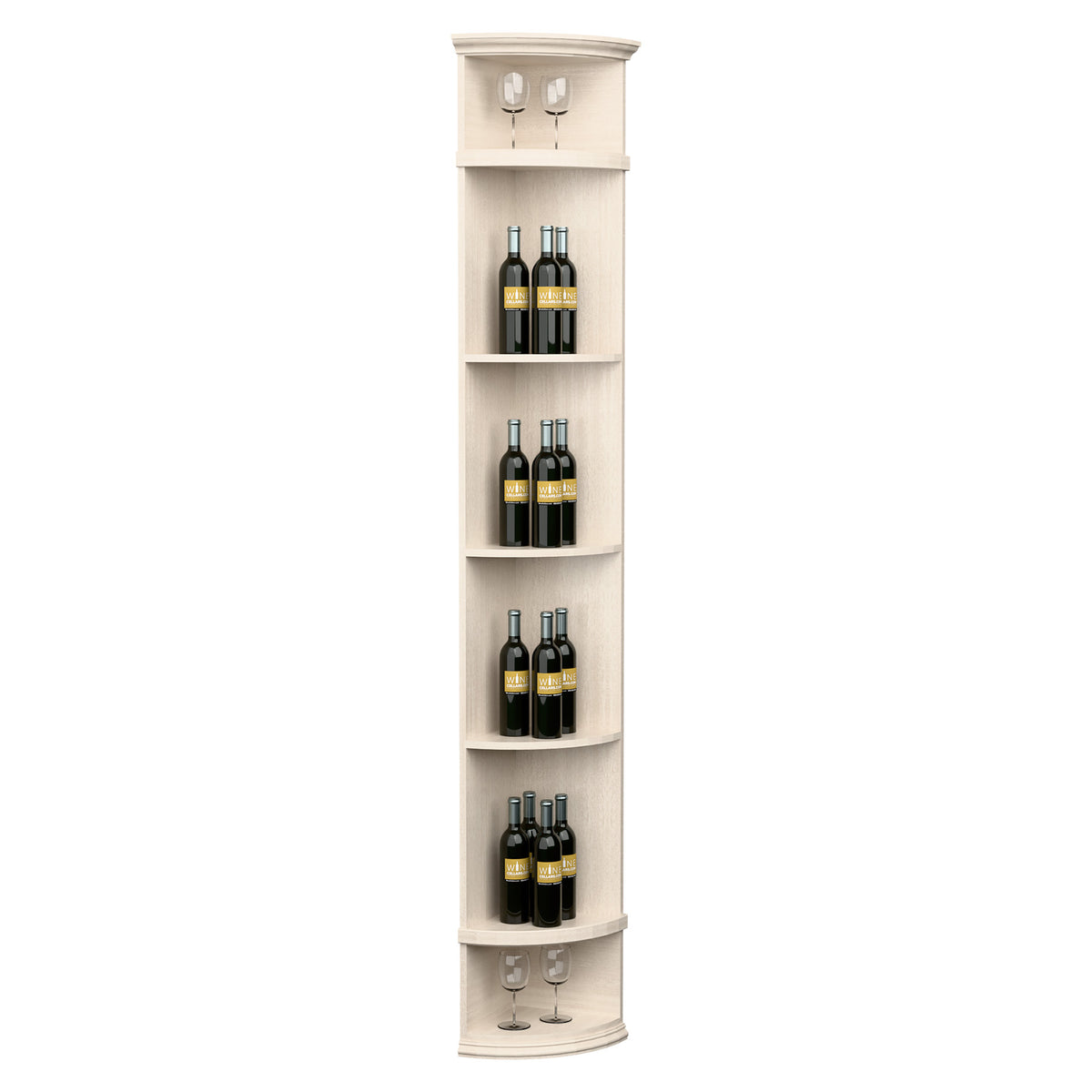 Quarter-round wine shelf with round base, light white wood, display wine bottles
