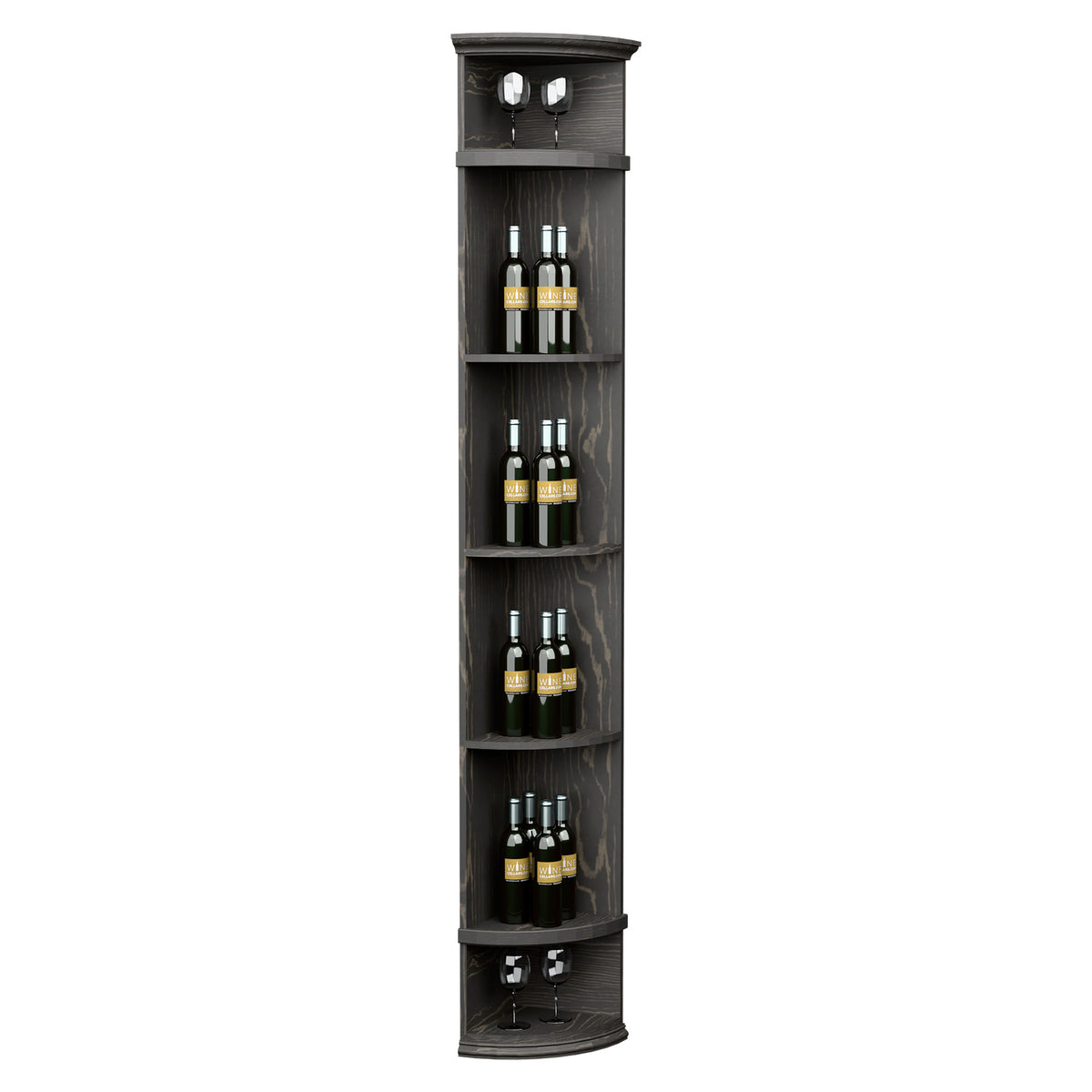 Dark wood corner wine bottle display shelf with round base, four tiers and bottle cubbies