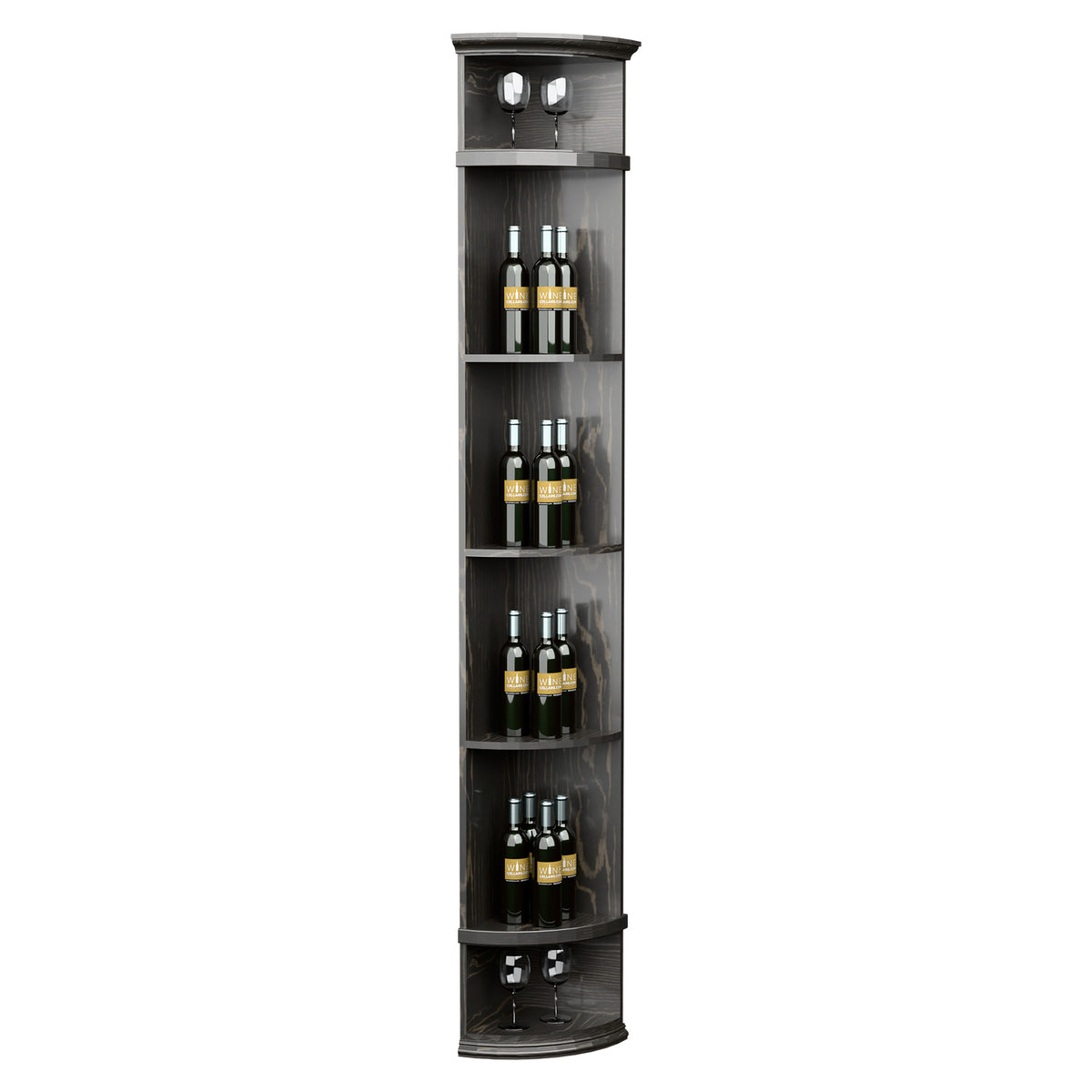 Gray corner wine bottle display shelf with round base, four tiers and bottle storage compartments