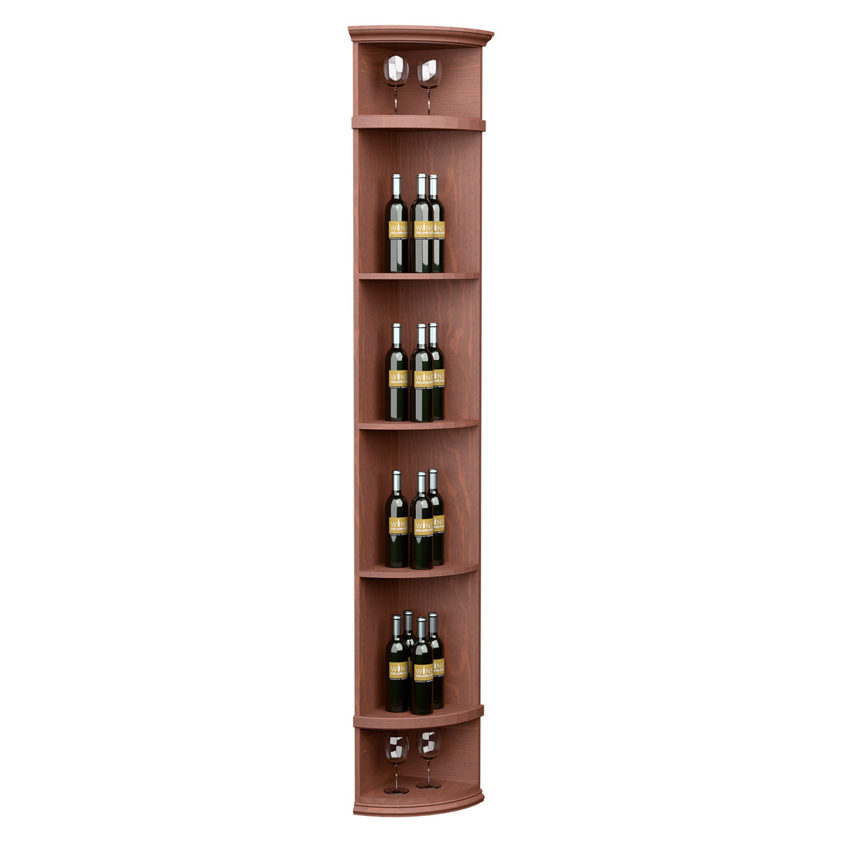 Warm brown corner wine bottle display shelf with round base, four tiers and bottle storage