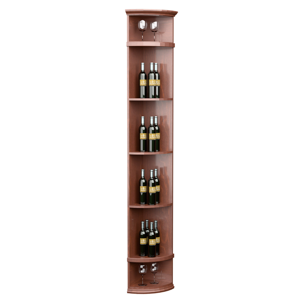 Rust brown corner wine bottle display shelf with round base, four tiers and bottle storage