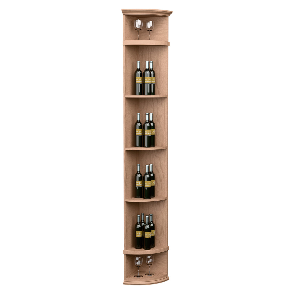 Light wood corner wine bottle display shelf with round base, four tiers and bottle storage