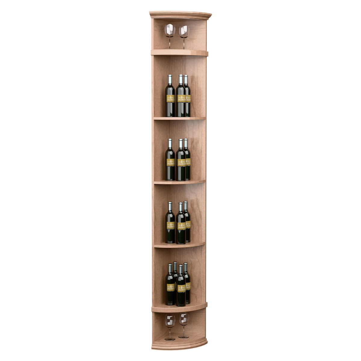 Natural light wood corner wine bottle display shelf with round base, four tiers and bottle storage