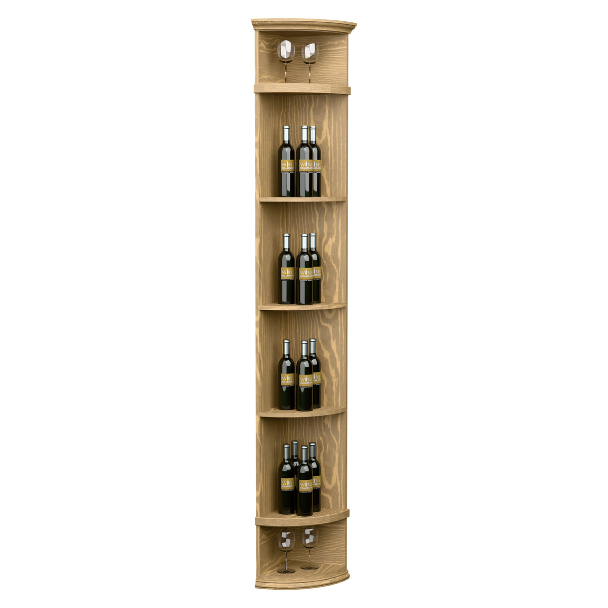 Honey light wood corner wine bottle display shelf with round base, four tiers and bottle storage