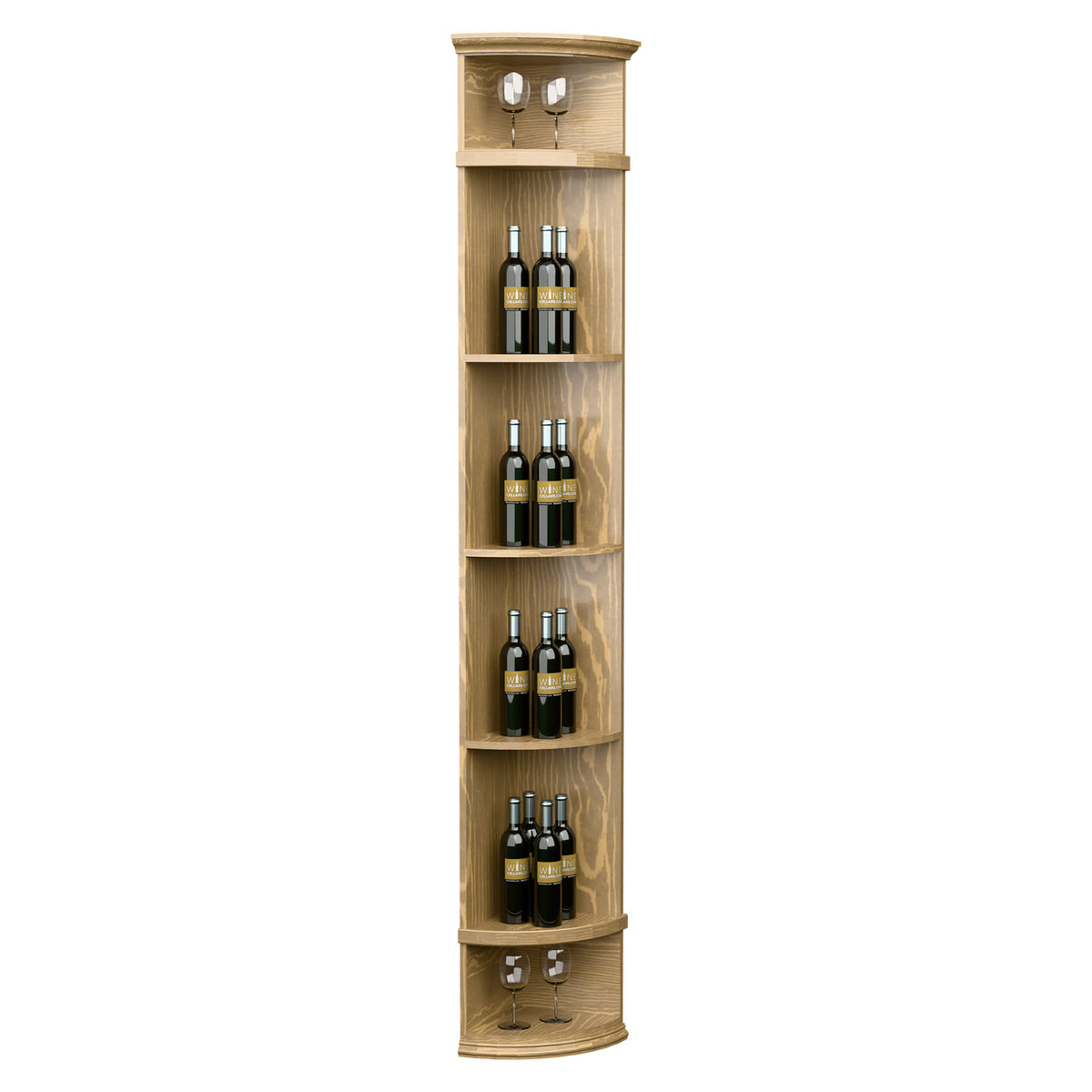 Pale natural wood corner wine bottle display shelf with round base, four tiers and bottle storage