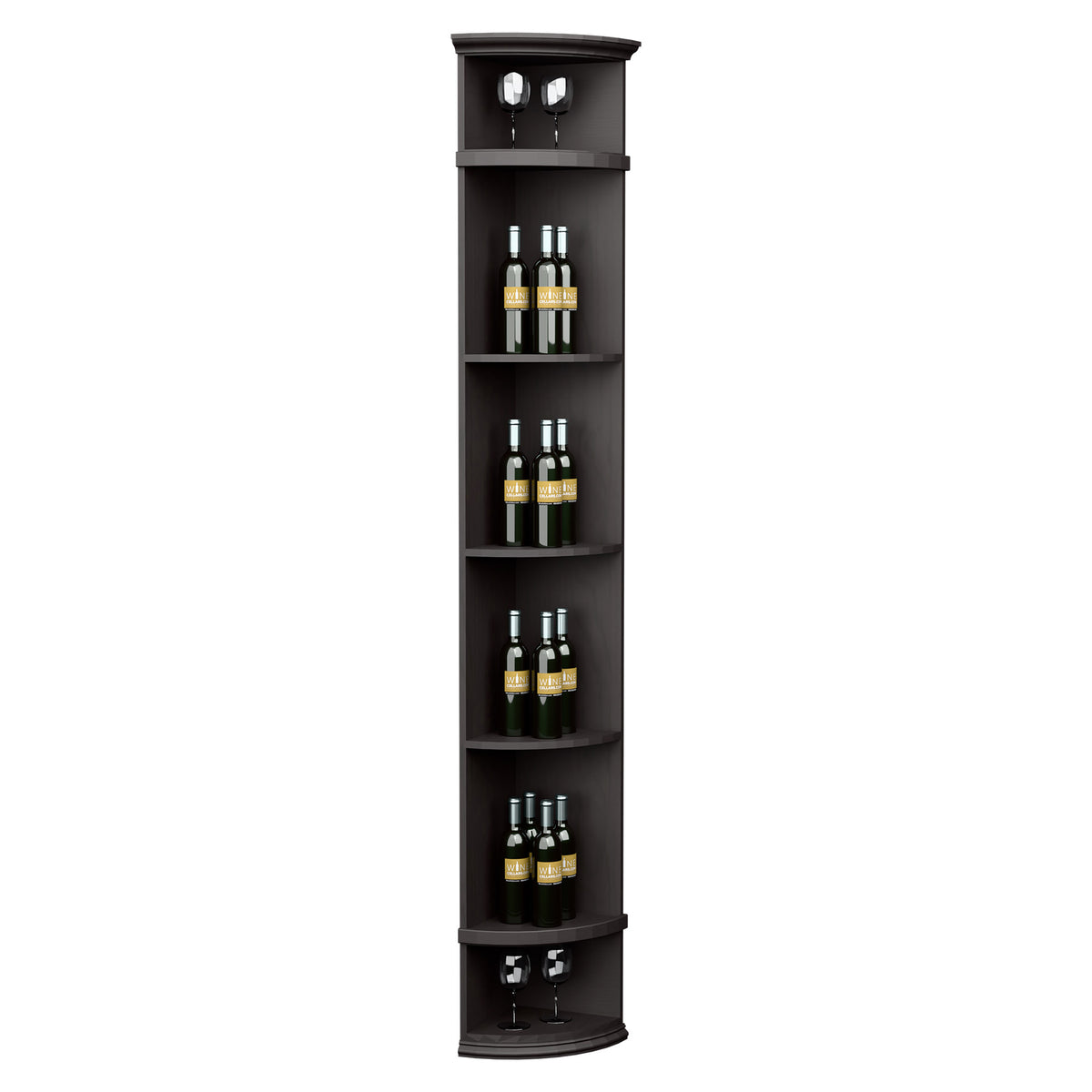 Black corner wine bottle display shelf with round base, four tiers and bottle storage compartments