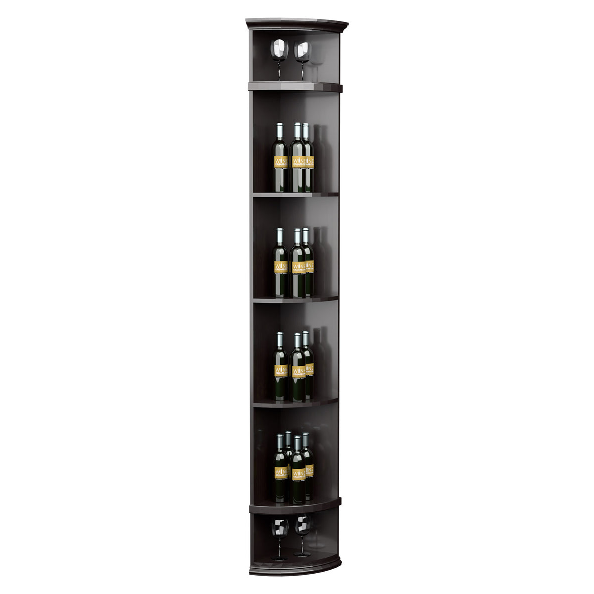 Dark gray corner wine bottle display shelf with round base, four tiers and bottle storage compartments