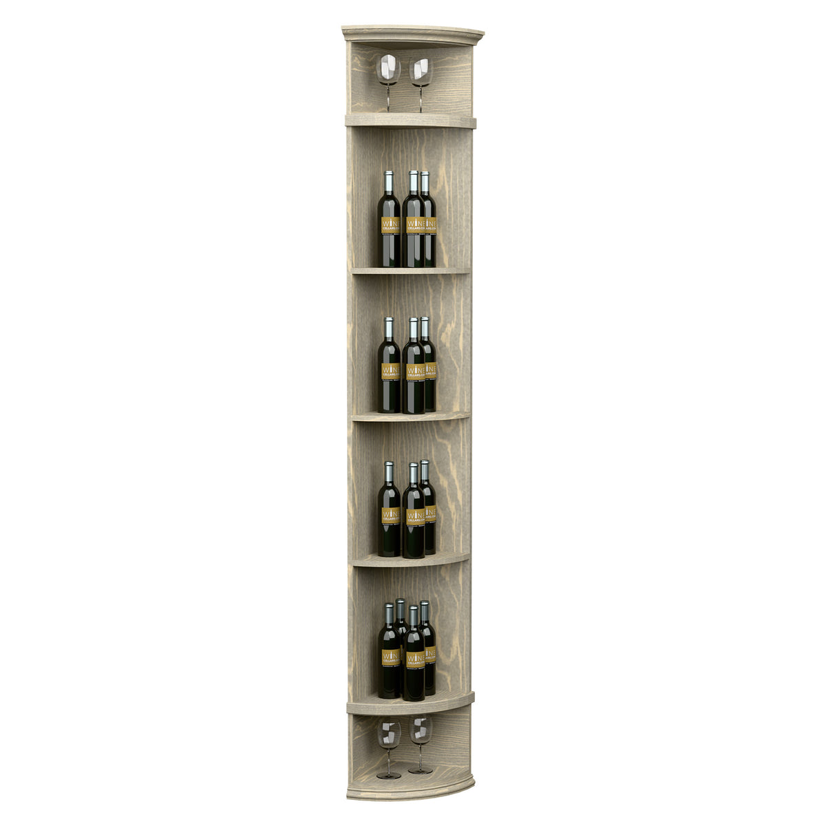 Light gray quarter-round wine shelf with round base, top lights, and bottle rows
