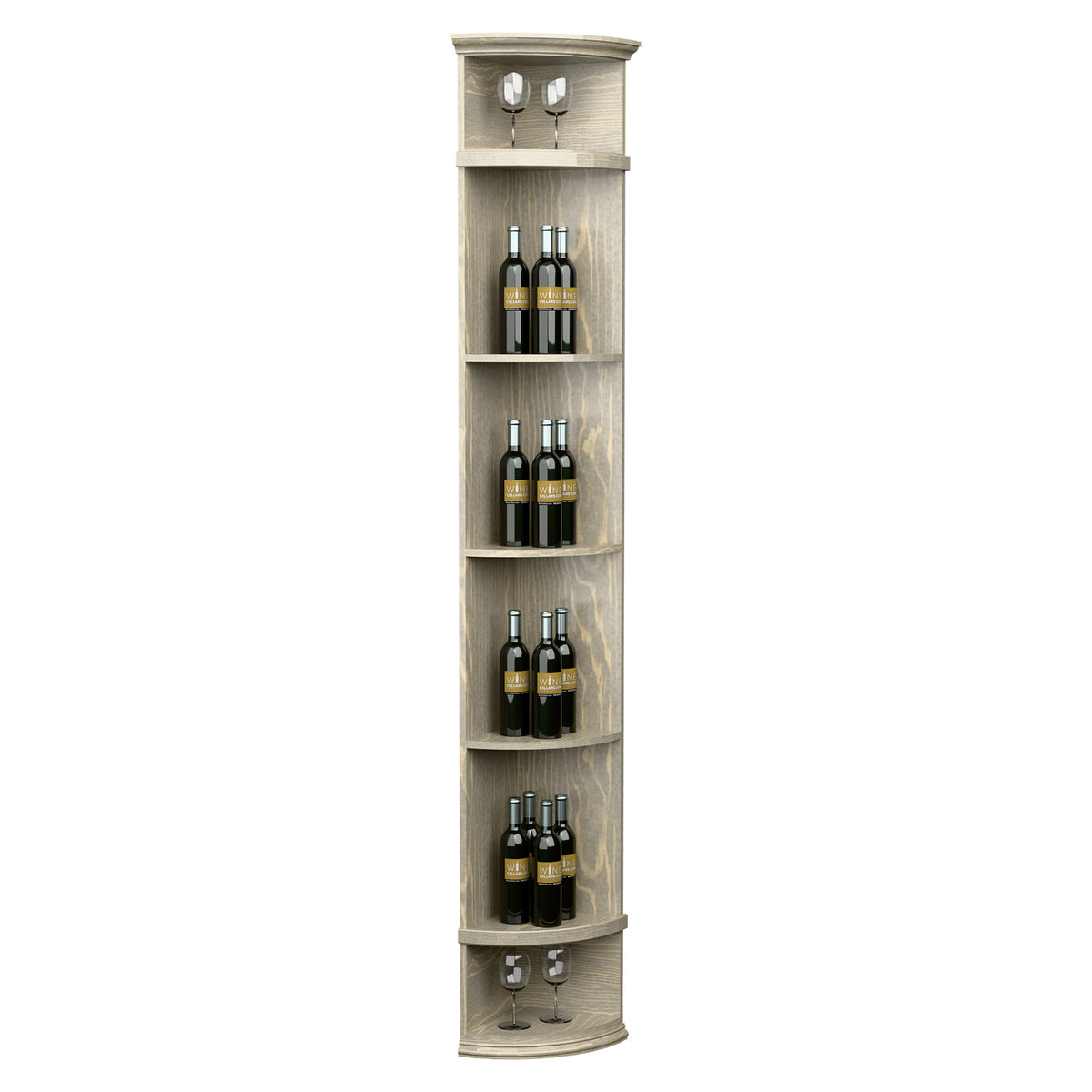 Light gray quarter-round wine shelf with round base, top lights, and bottle storage