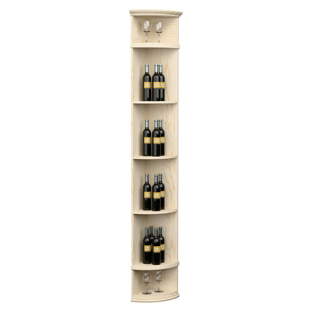 Whitewashed quarter-round wine shelf with round base, top lights, and bottle rows