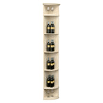 Whitewashed quarter-round wine shelf with round base, top lights, and bottle rows