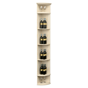 Whitewashed quarter-round wine shelf with round base, top lights, and bottle rows