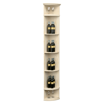 Whitewashed quarter-round wine shelf with round base, top lights, and bottle rows