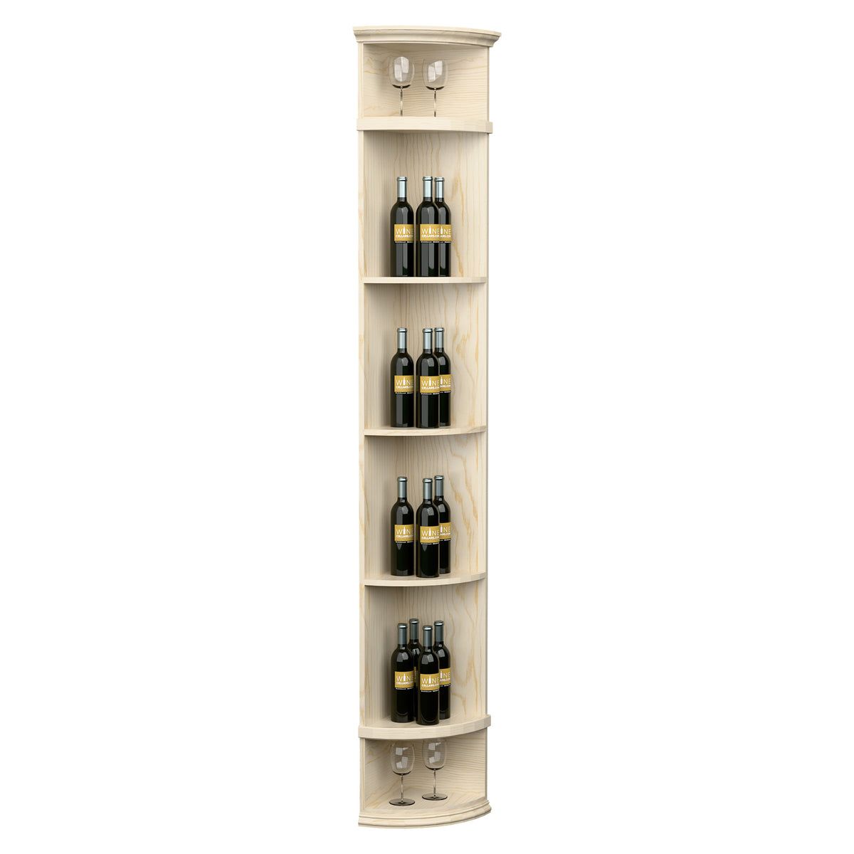 White quarter-round wine shelf with round base, top lights, and five bottle spaces