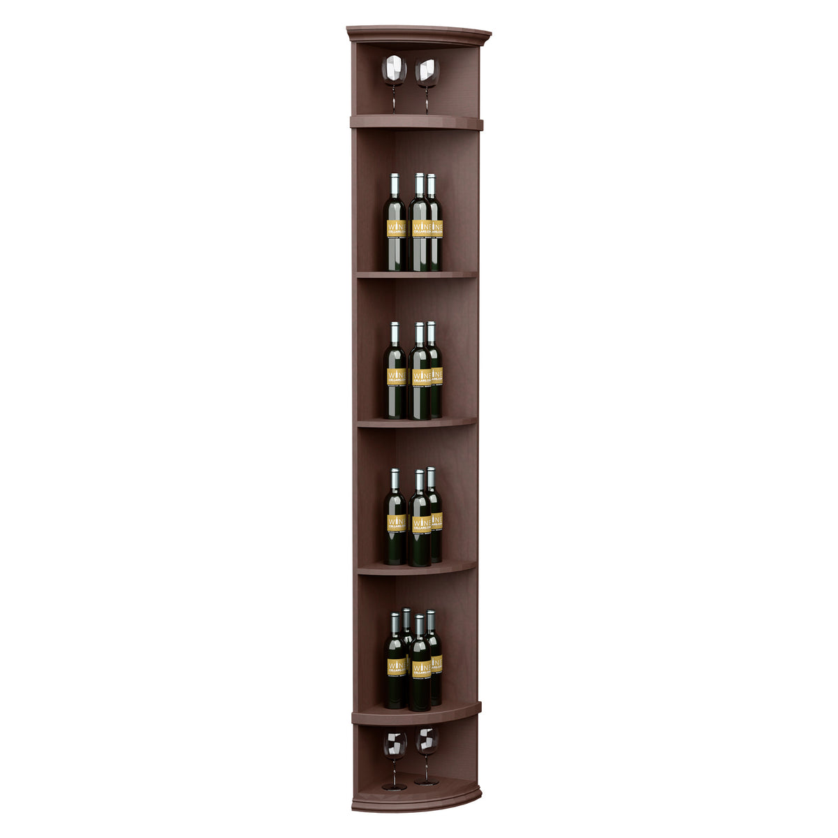 Dark brown quarter-round wine shelf with round base, top lights, and bottle rows