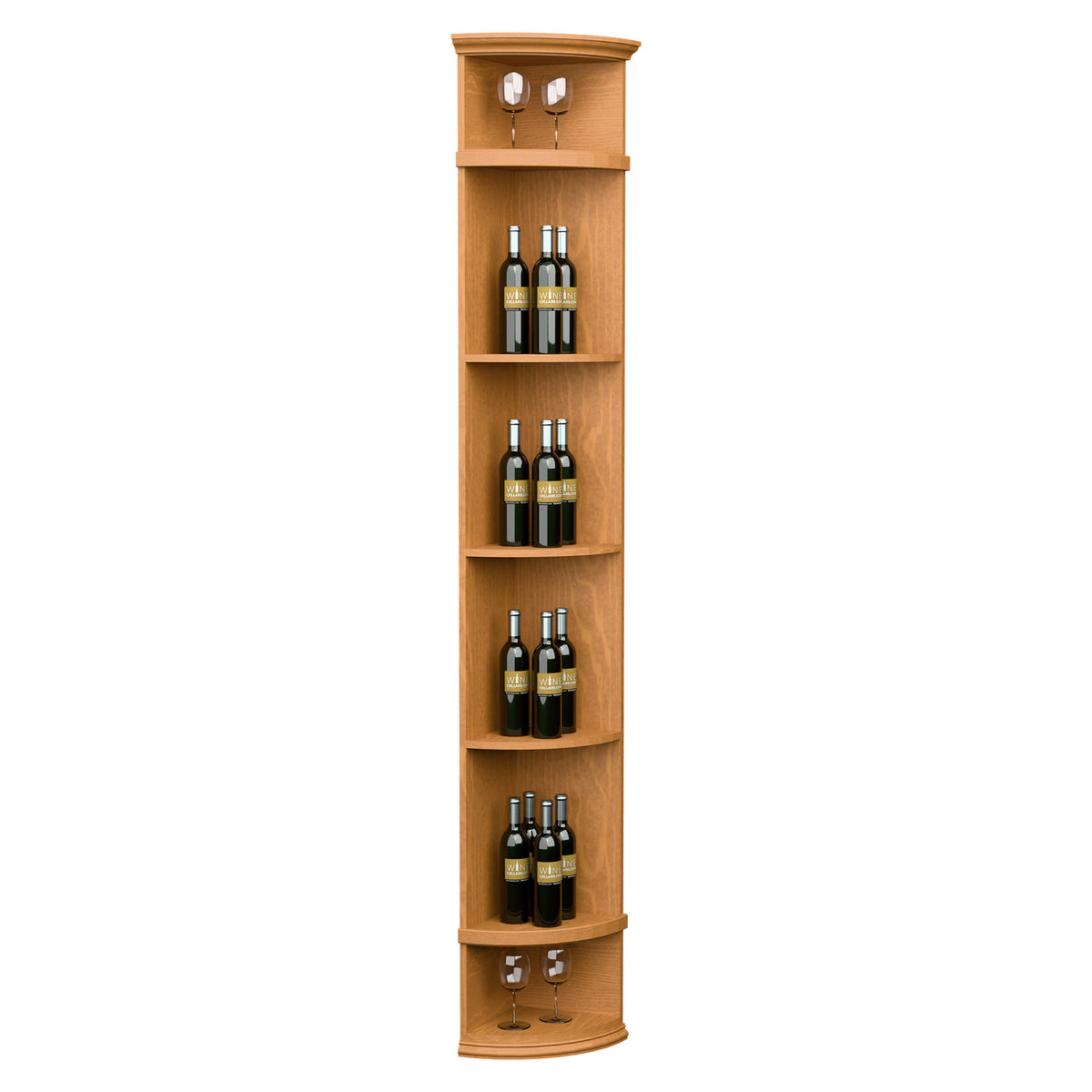 Natural wood quarter-round wine shelf with round base, top lights, and bottle rows