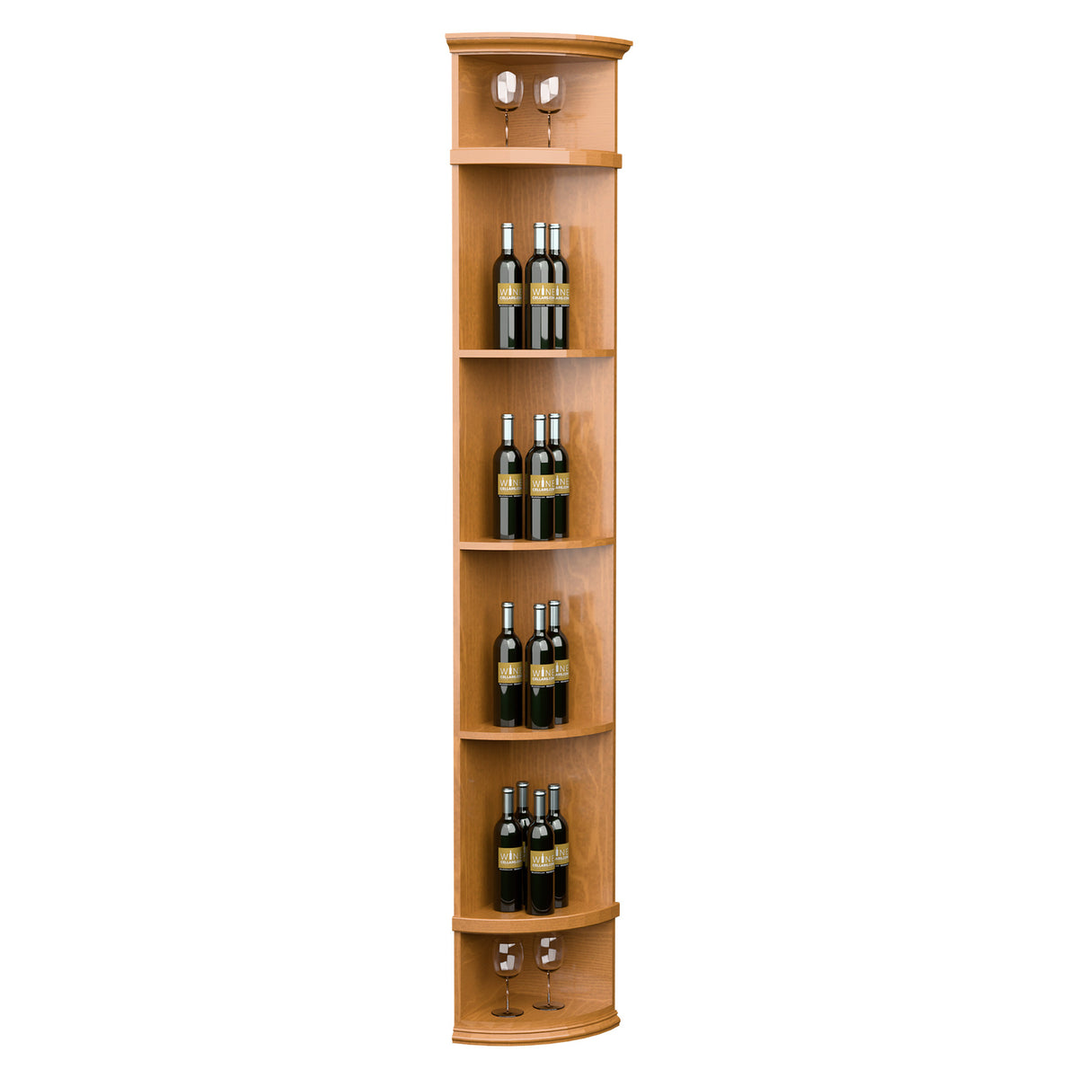 Light oak quarter-round wine shelf with round base, top lights, and bottle storage