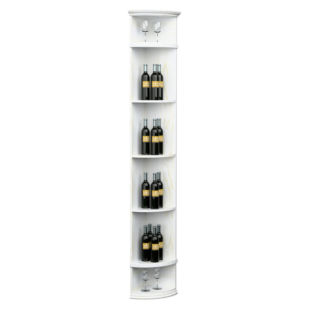 White quarter-round wine shelf with round base, top lights, and labeled bottle display