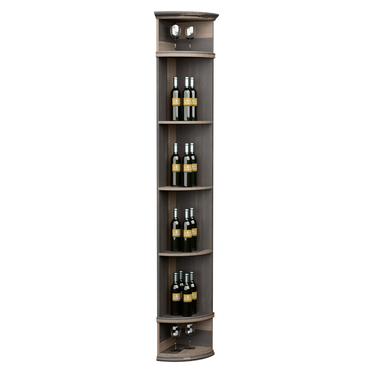 Dark quarter-round wine shelf with round base, tiered bottle storage and top lights
