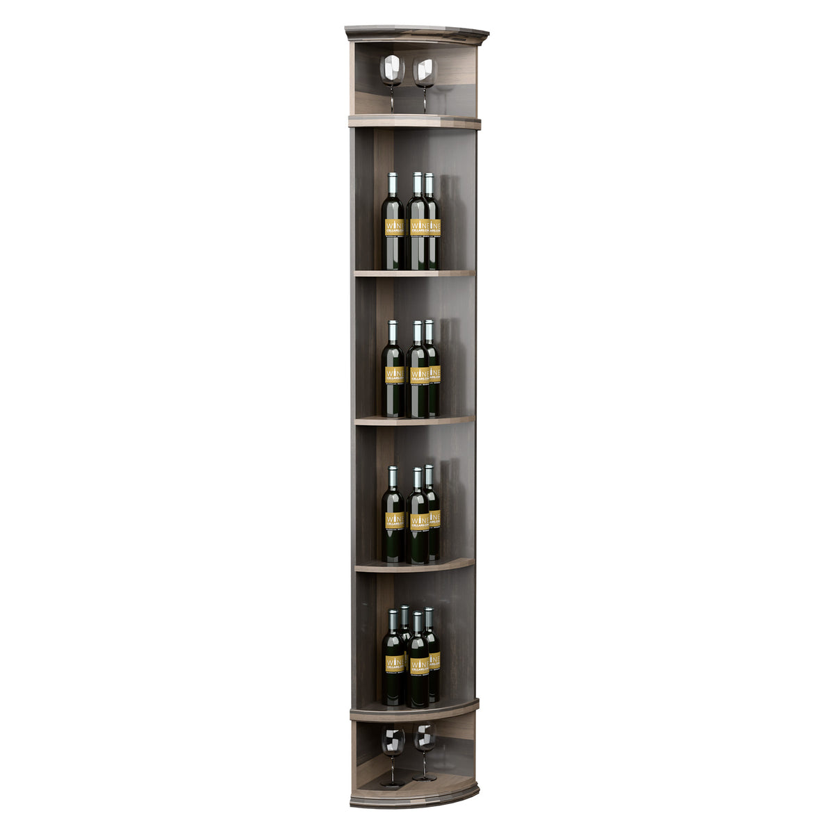 Dark quarter-round wine display shelf with round base and multiple bottle shelves