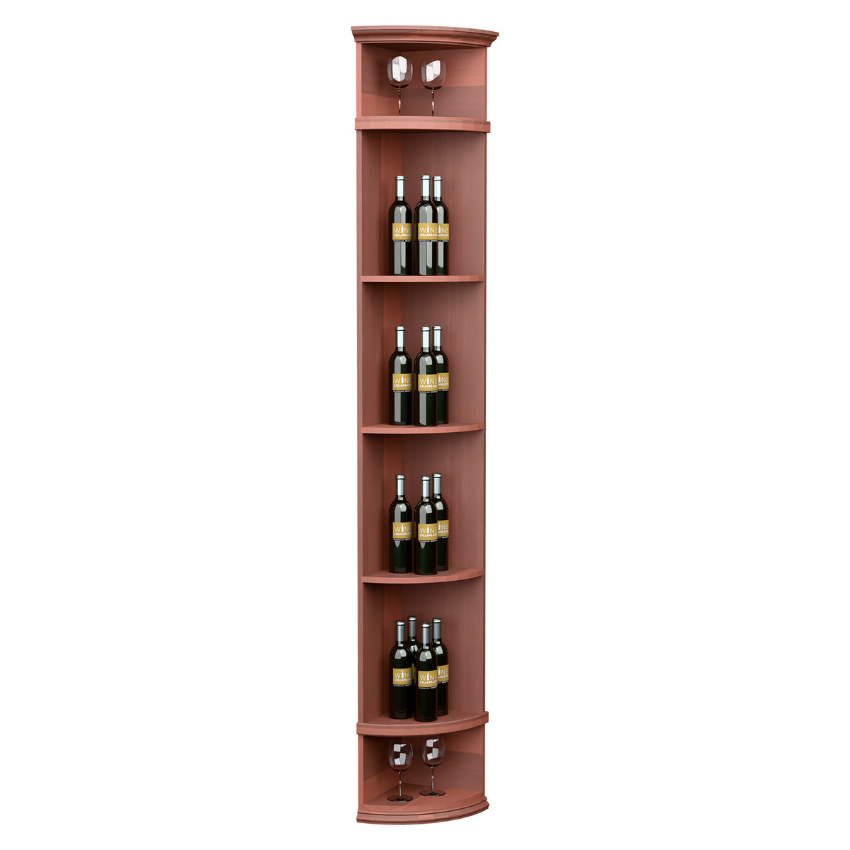 Red quarter-round wine shelf with round base, tiered shelves holding bottles