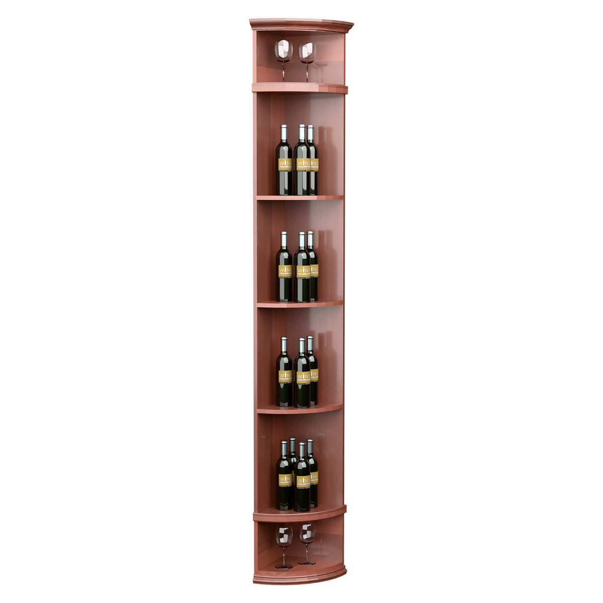 Rose-toned quarter-round wine shelf with curved round base and bottle display tiers