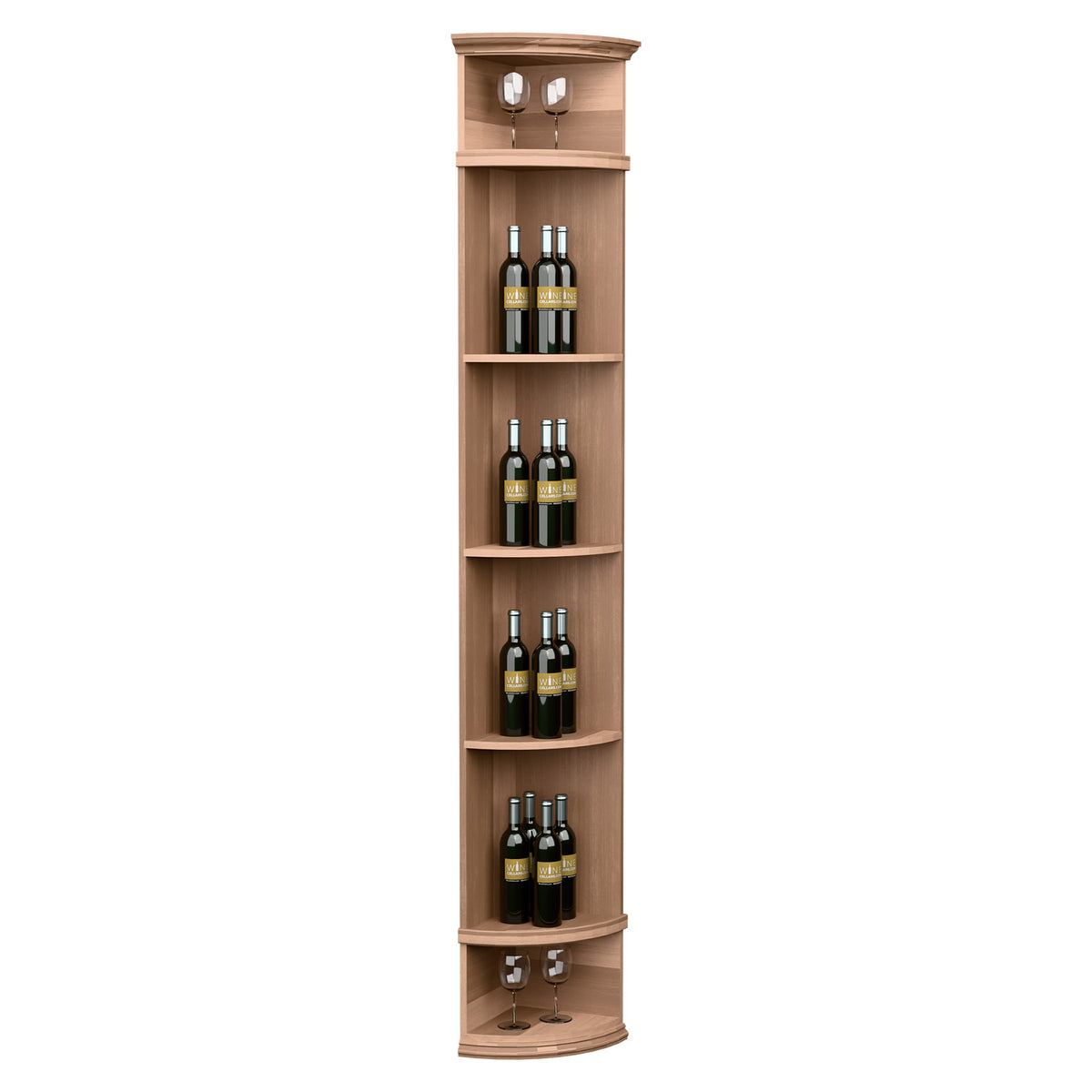 Light wood quarter-round wine shelf with round base and tiered bottle compartments