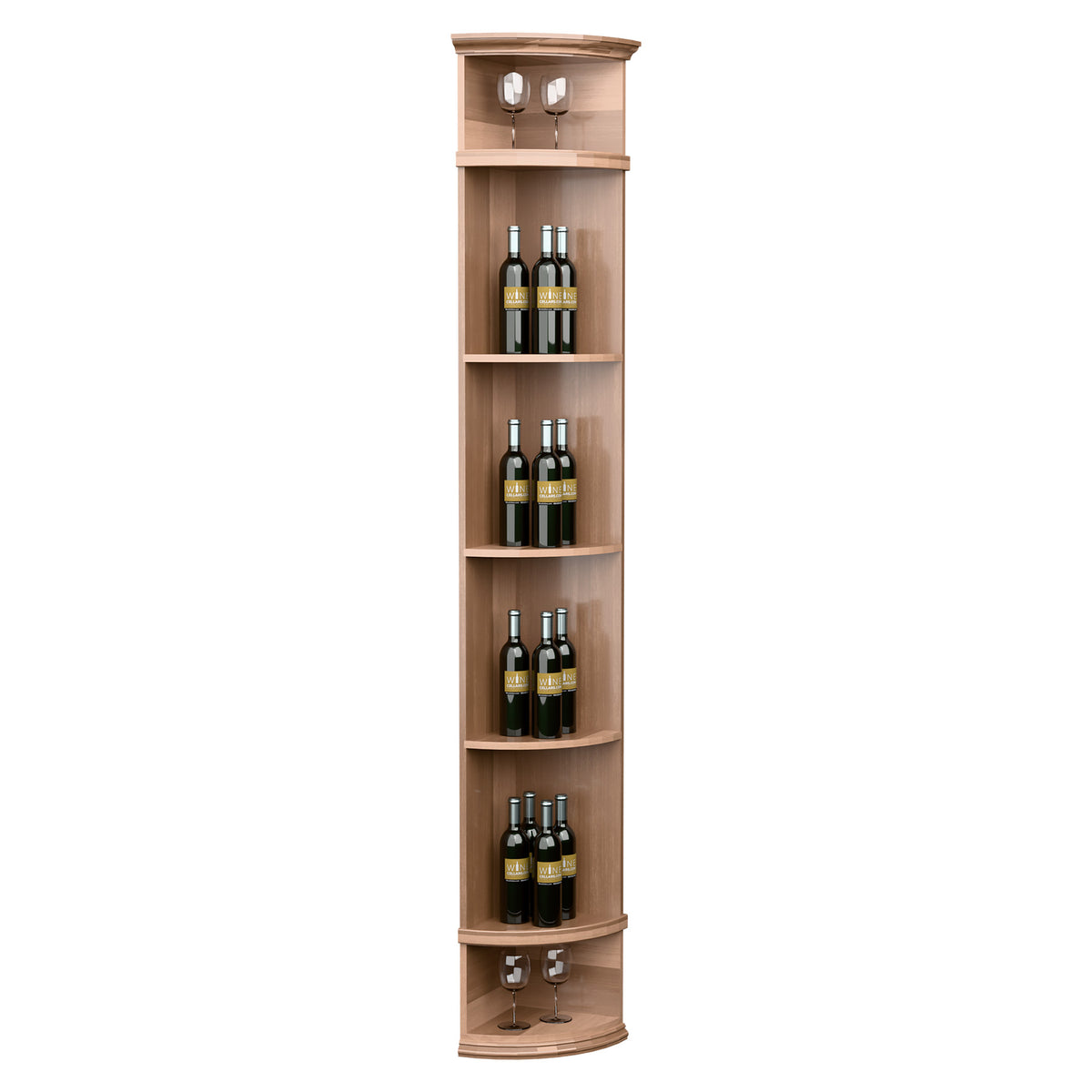 Natural-finish quarter-round wine shelf with round base, four bottle storage rows