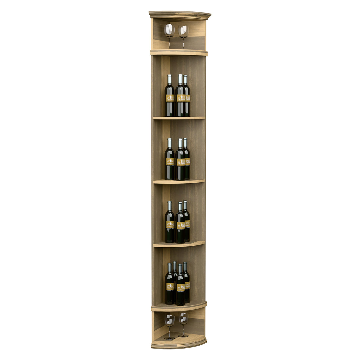Light wood wine display shelf with quarter-round tiers, round base, and top lights