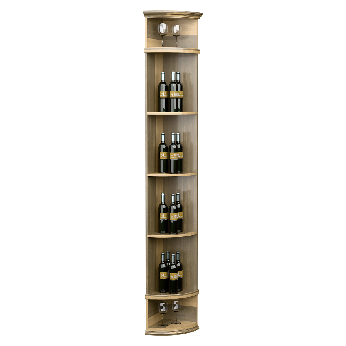 Light wood quarter-round bottle shelf with round base and stacked shelf compartments