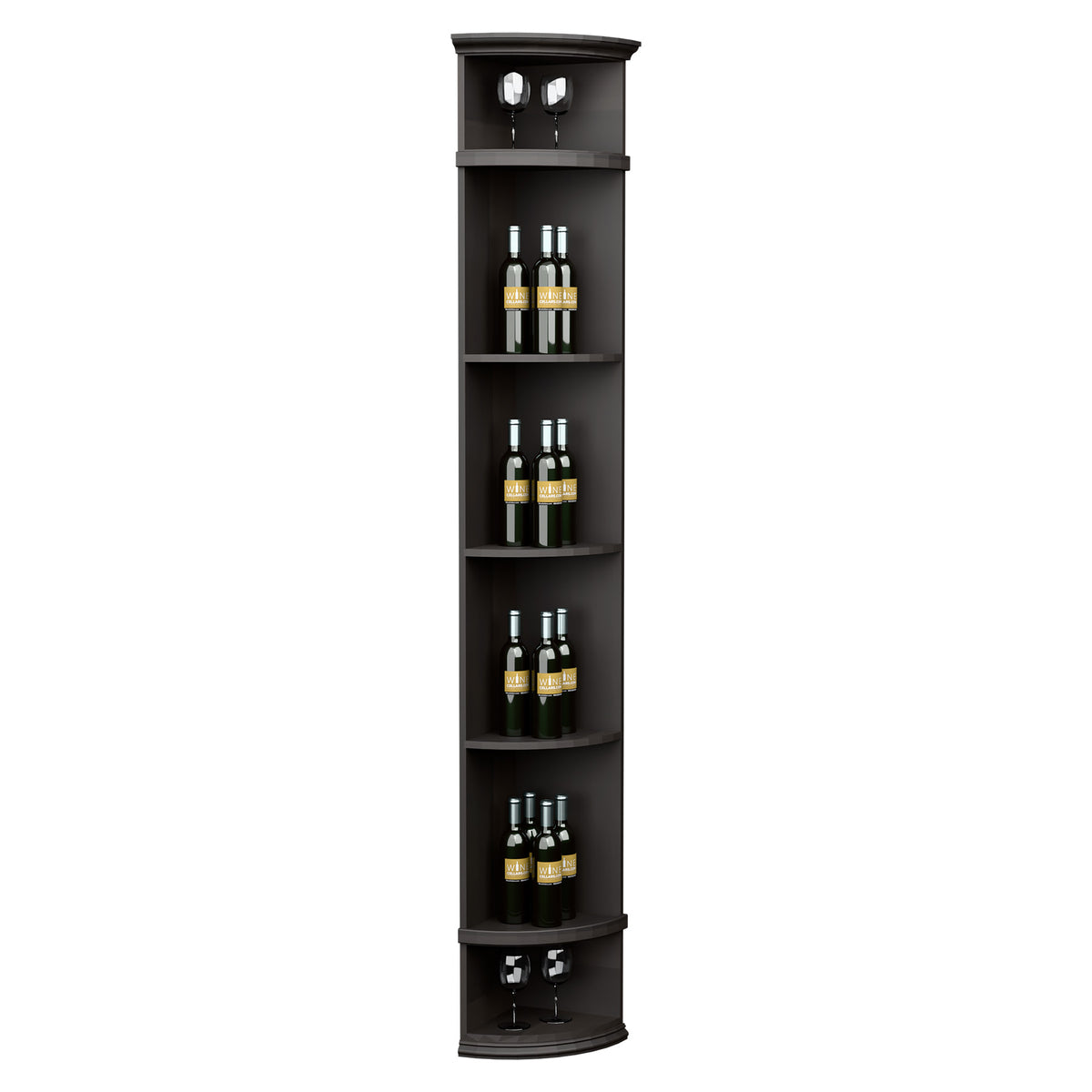 Black quarter-round wine shelf with round base, tiered bottle storage, and top lights
