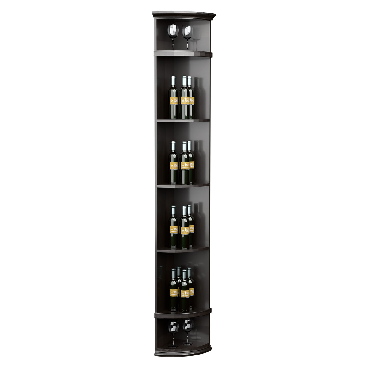 Dark gray quarter-round wine shelf with round base and multiple bottle display shelves