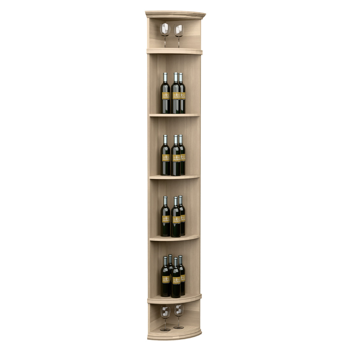 Tall corner wine shelf with round base, multiple bottle shelves, and top stemware holders
