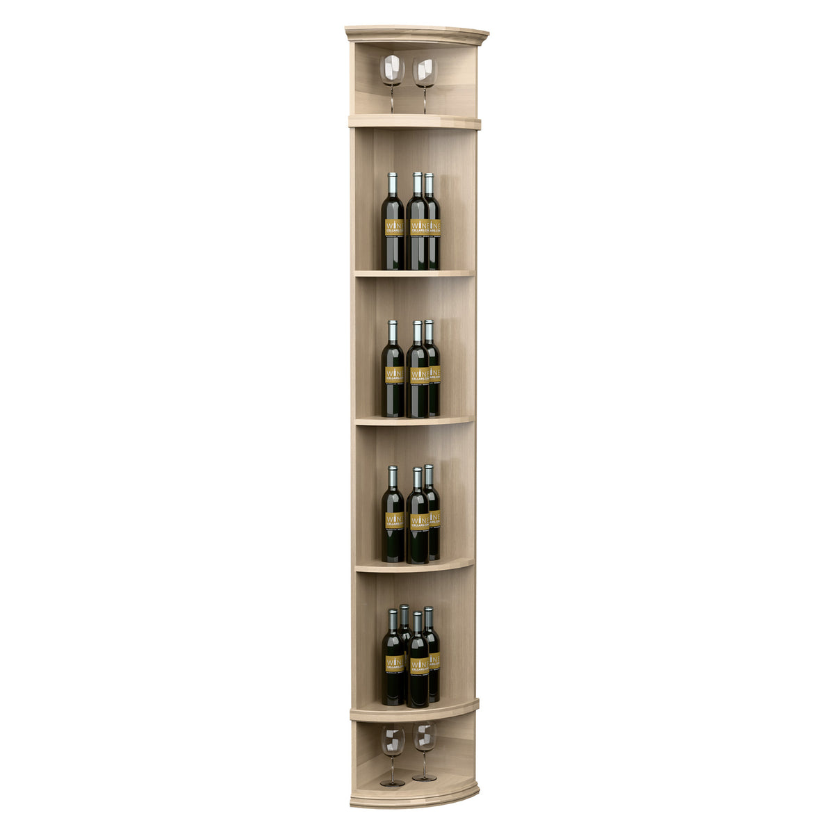 Freestanding corner wine rack with round base, tiered bottle shelves, and two glass spots