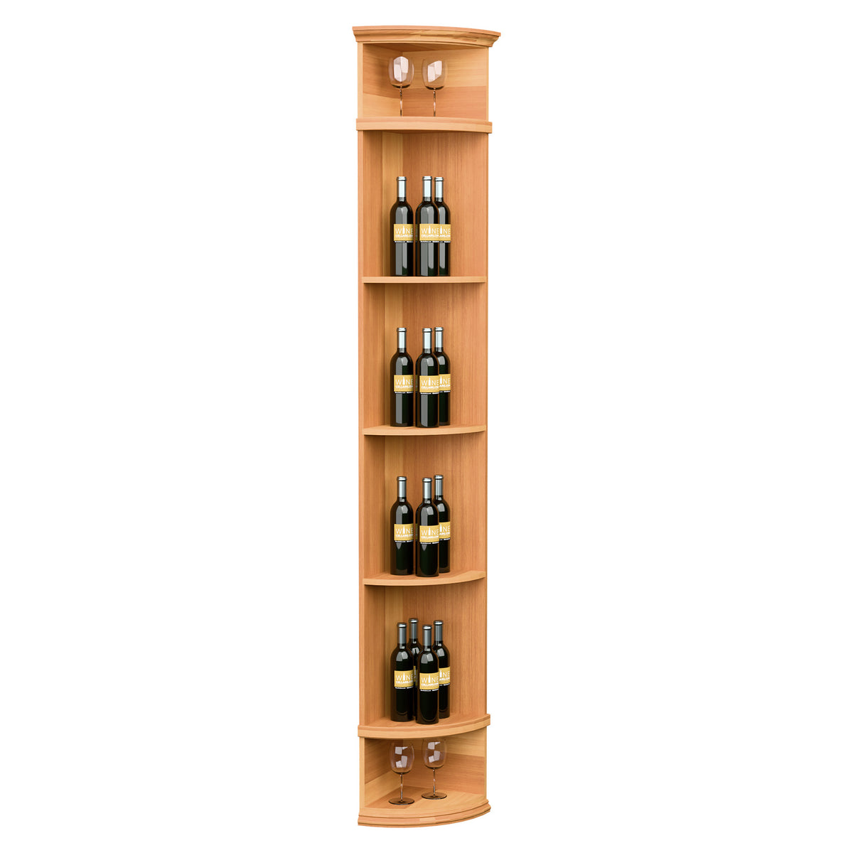 Wood corner wine shelf with round base, four bottle shelves, and two top stemware slots