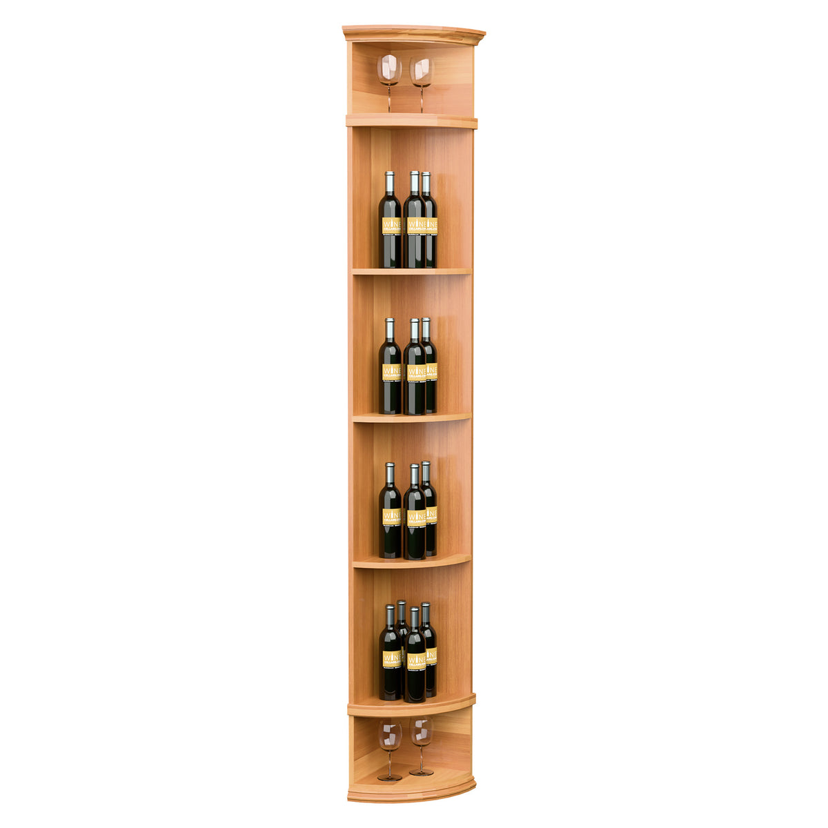 Light wood corner wine rack with round base, multiple bottle cubbies, and top glass holder