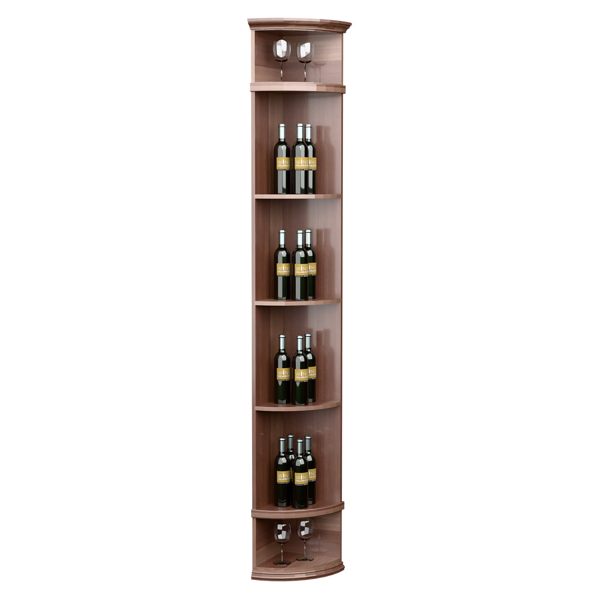 Brown corner wine rack with round base, several bottle shelves, and two top glass holders