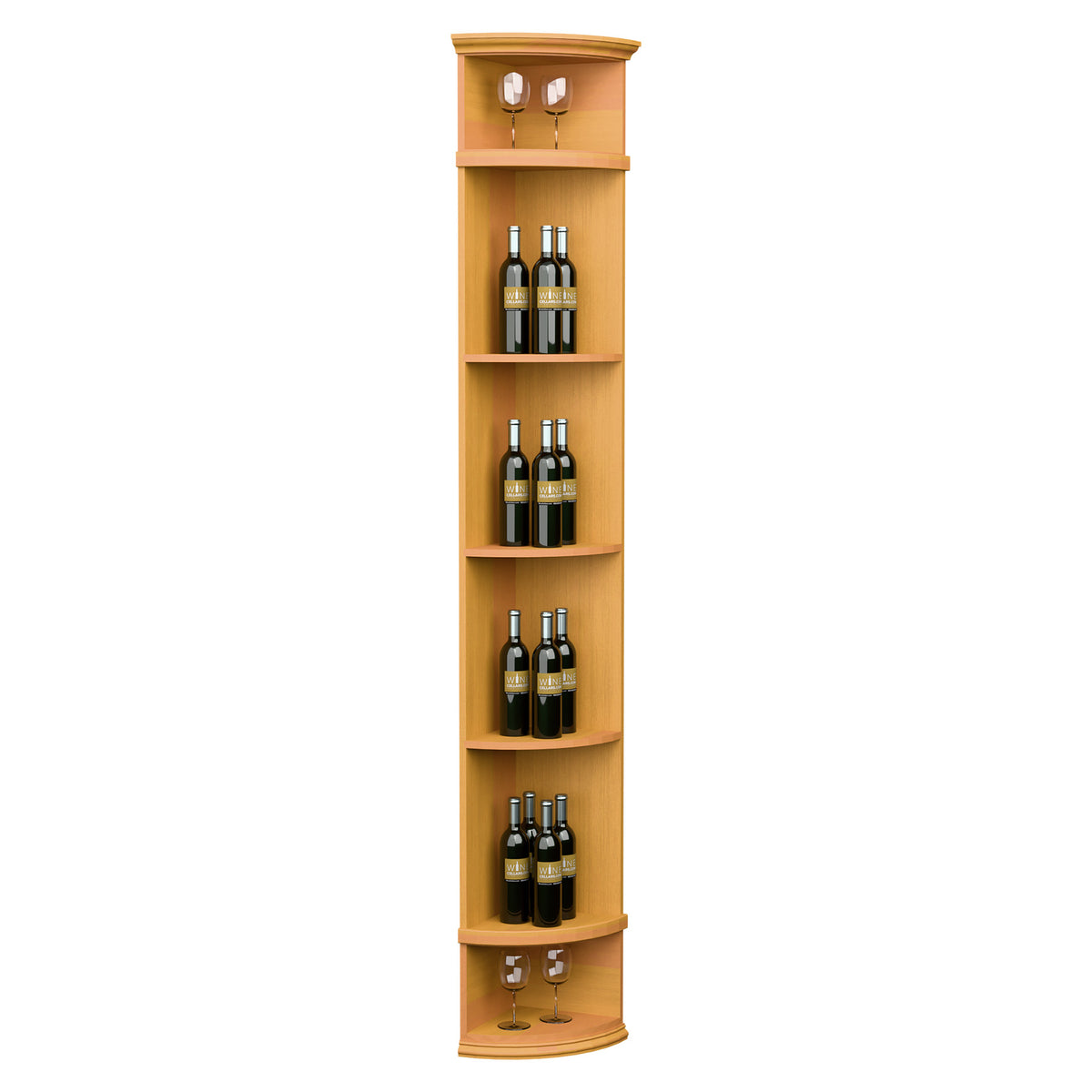 Orange-toned corner wine shelf with round base, multiple bottle shelves, and top stemware slots